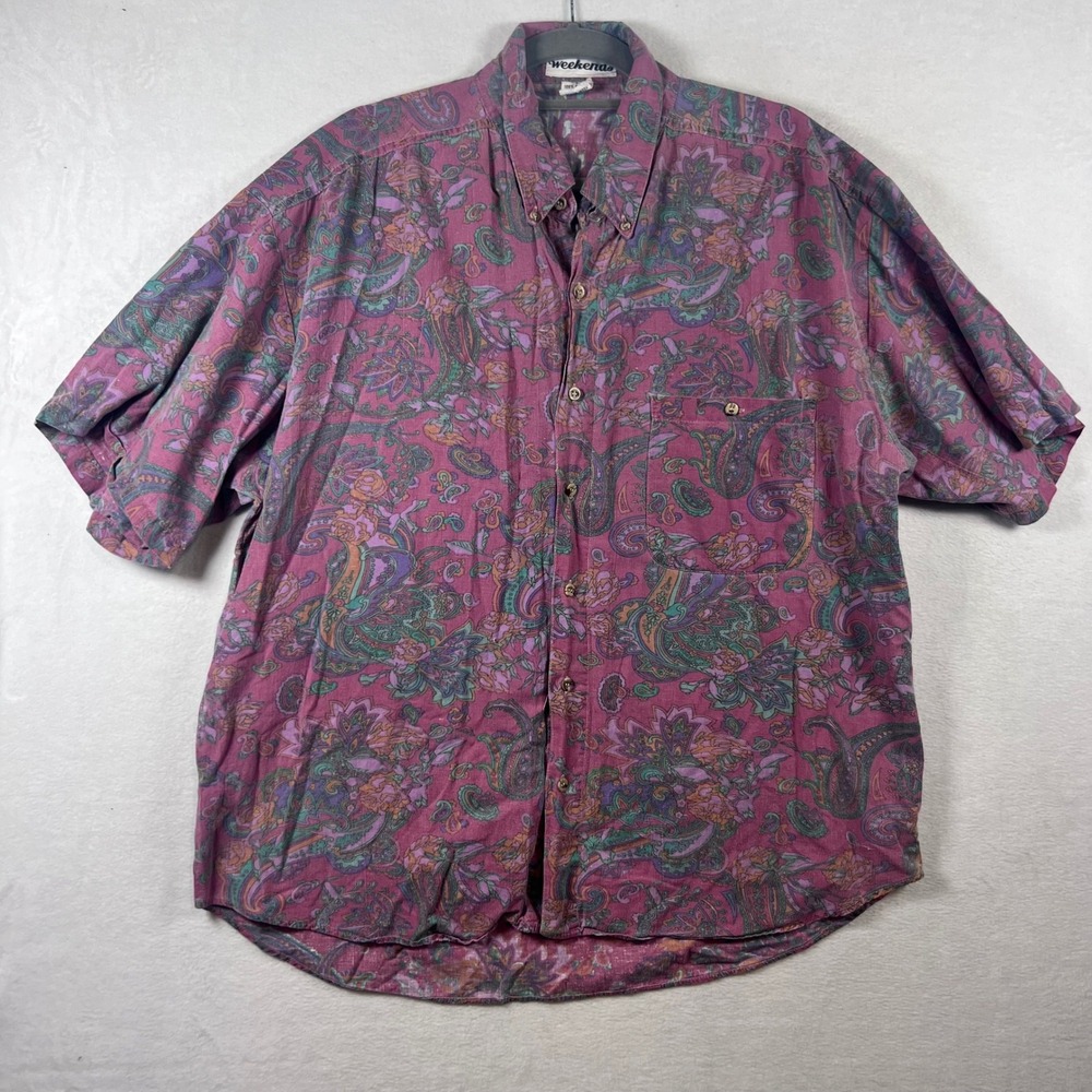 80s/90s Weekends Mens L Vintage Paisley Cotton Short Sleeve Button Down Shirt